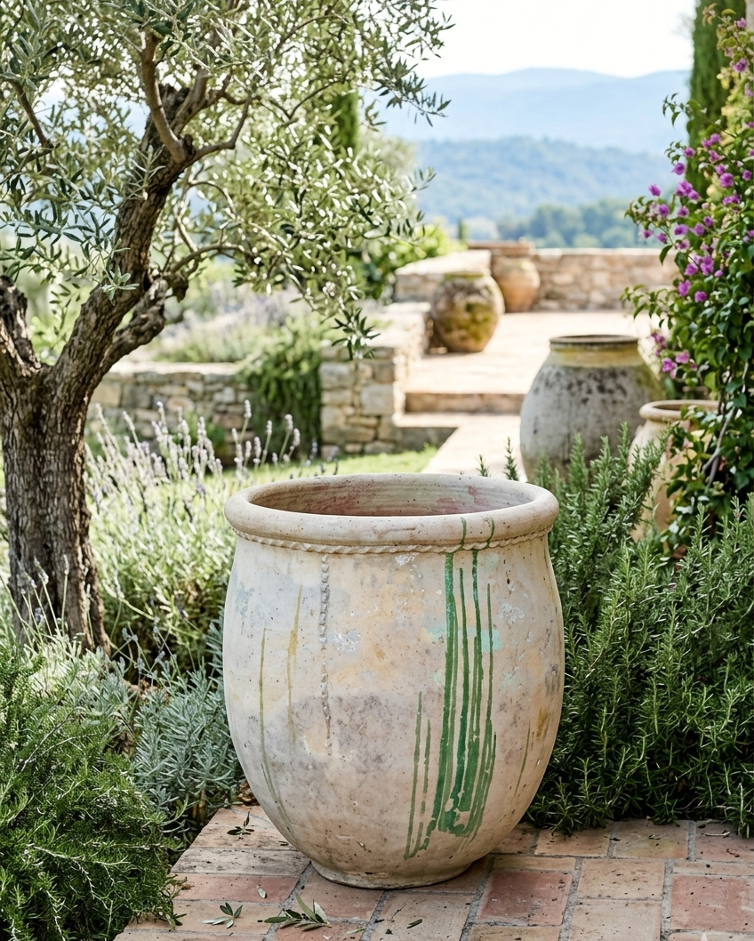 Bugadier en terre cuite de 85 cm aux nuances beiges et patine ancienne, décoré de coulures vertes artisanales, exposé dans un jardin méditerranéen avec olivier et lavande.