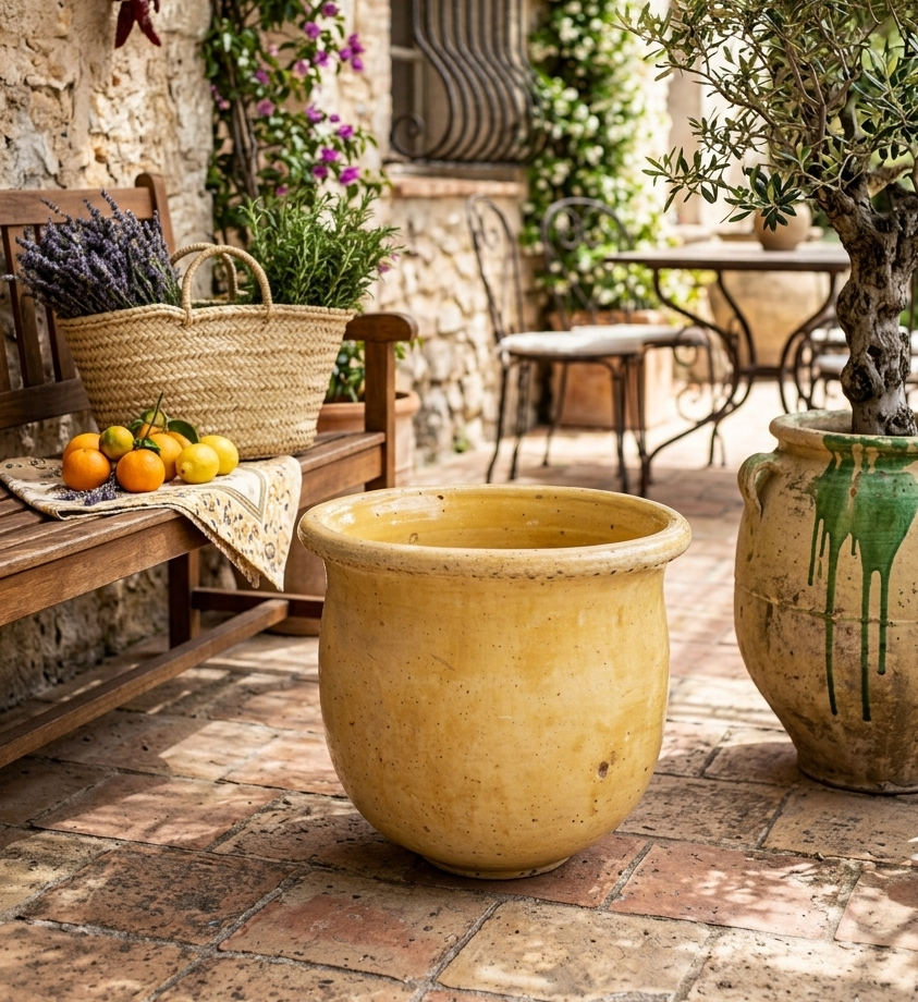 Poterie ancienne bugadier de Biot 20ème siècle en céramique vernissée jaune.