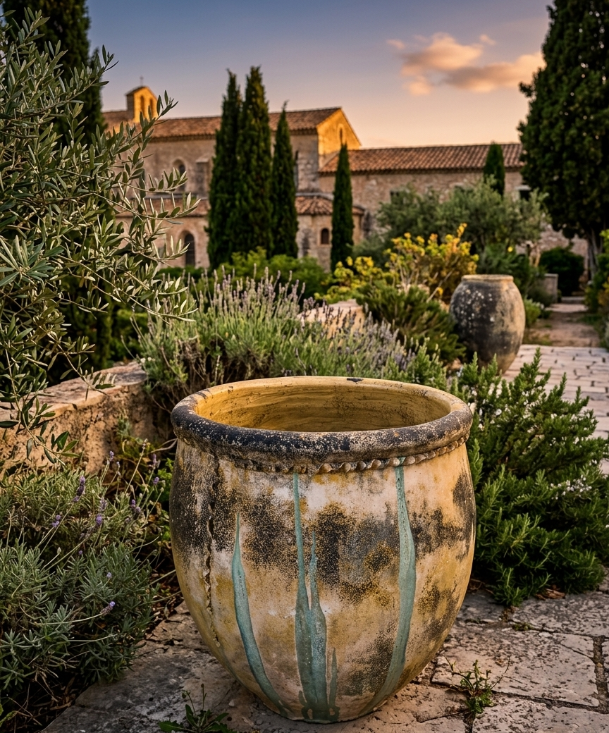Bugadier ancien en terre cuite émaillée avec coulures vertes, exposé dans un jardin méditerranéen parmi des lavandes et des oliviers centenaires.