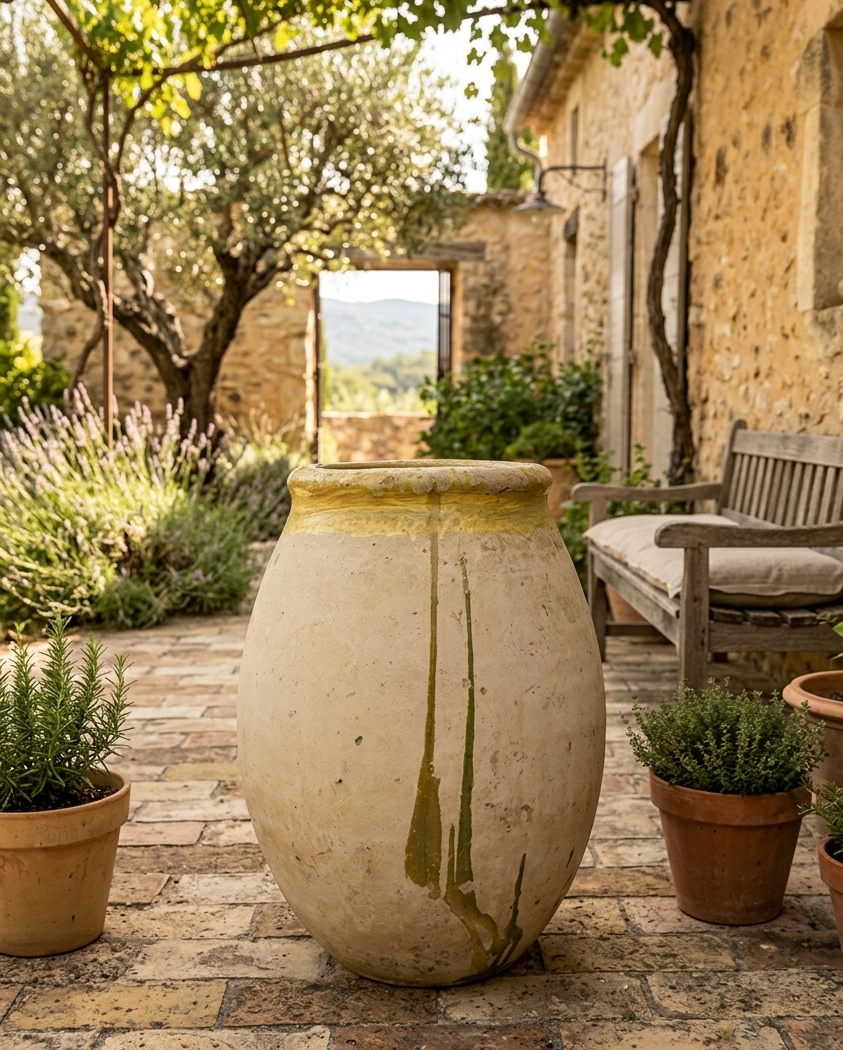 Grande jarre de Biot XVIIIème avec col jaune et coulures de glaçure verte sur terre cuite claire.