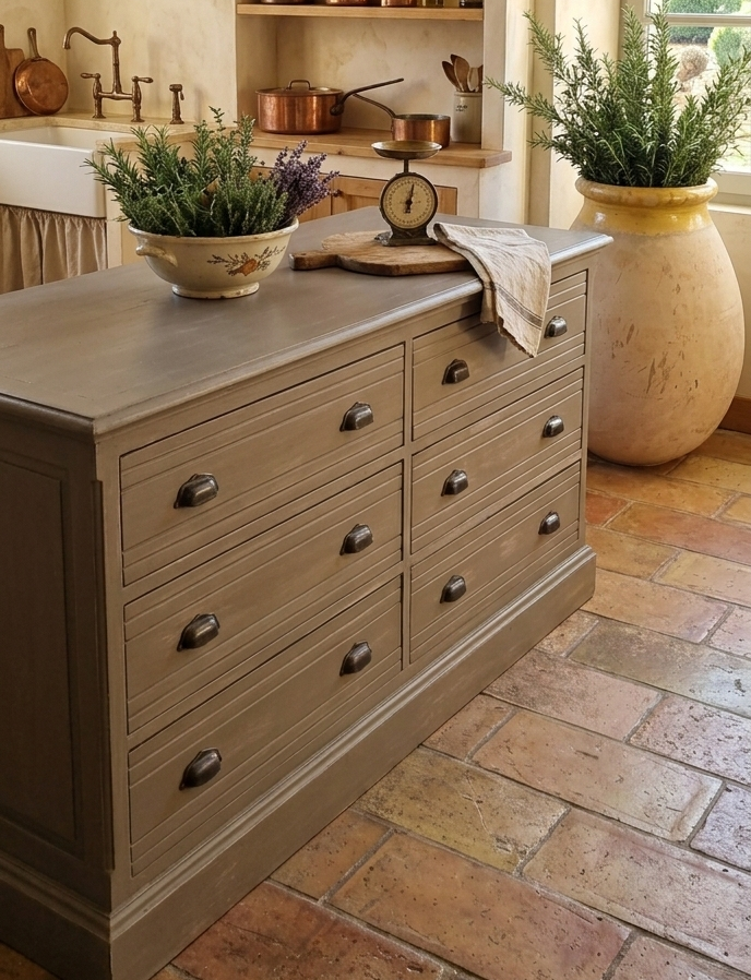 Meuble de quincaillerie ancien en pin à six tiroirs profonds avec patine grise.