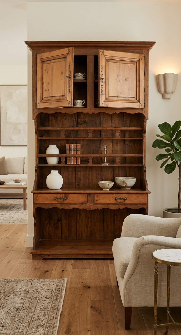 Vaisselier en pin massif ancien avec étagères à assiettes et tiroirs.