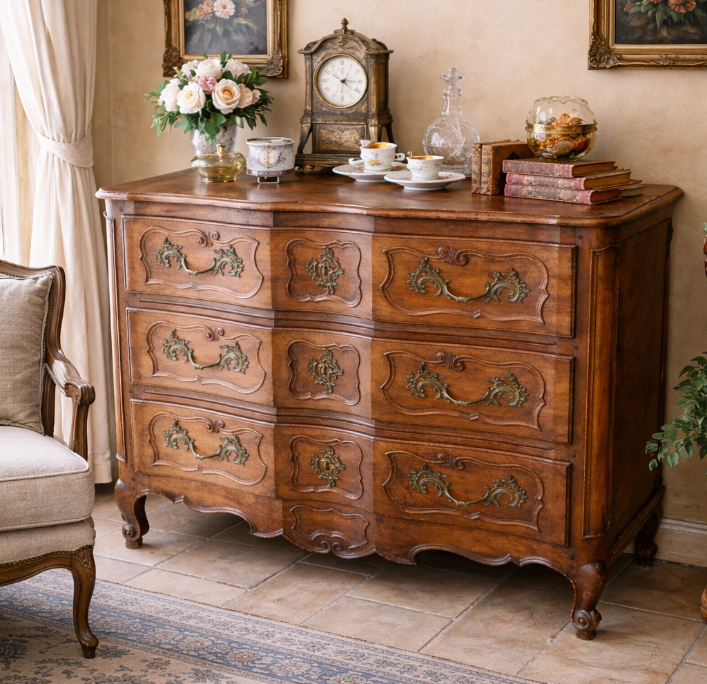 Commode d'époque Louis XV en noyer massif avec façade galbée en arbalète et bronzes rocailles.