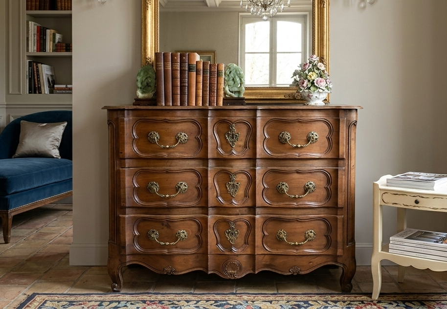 Commode d'époque en noyer massif style Louis XV avec façade galbée en arbalète.
