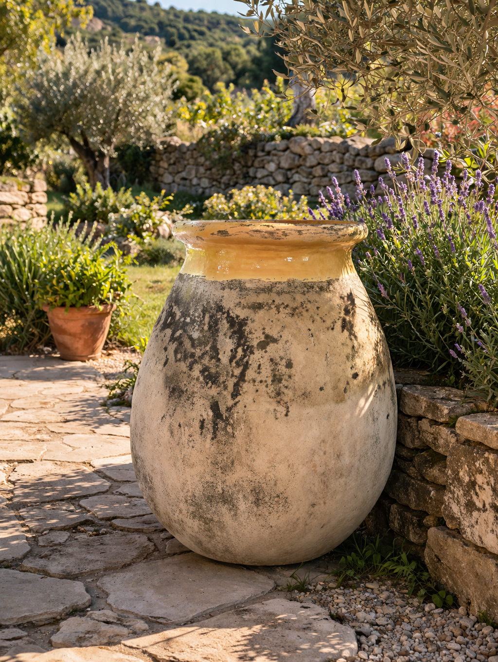 Jarre de Biot XIXe siècle en terre cuite à col vernissé jaune.