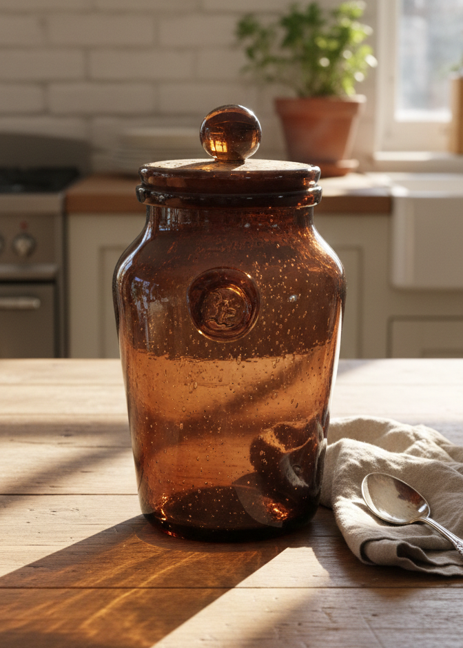 bocal en verre bullé de Biot couleur améthyste avec bouchon en liège orné d'une boule de verre