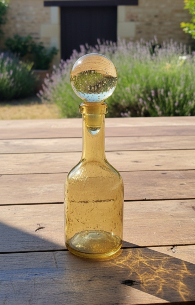 bouteille-sur-une-table-de-ferme-exterieur