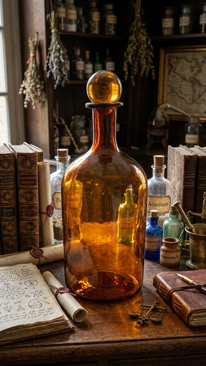 le flacon au centre d'un bureau d'alchimiste ou d'un meuble de pharmacie rustique. La lumière est tamisée, traversant le verre ambré pour révéler des éclats lumineux de couleur chaude. La bonbonne est entourée de vieux livres d'alchimie usés, de parchemins et d'autres flacons de verre plus petits, créant une atmosphère de découverte et d'étude ancienne.