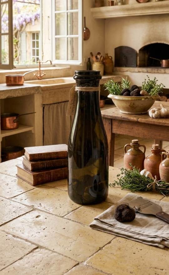 Flacon ancien en verre noir de conservation de truffes du Périgord, ceint de son lien de lin et étiquette parchment, posé sur une table de cuisine provençale en pierre de pays. En arrière-plan, une fenêtre ouverte sur un patio fleuri et un comptoir rustique avec une coupe de truffes fraîches.