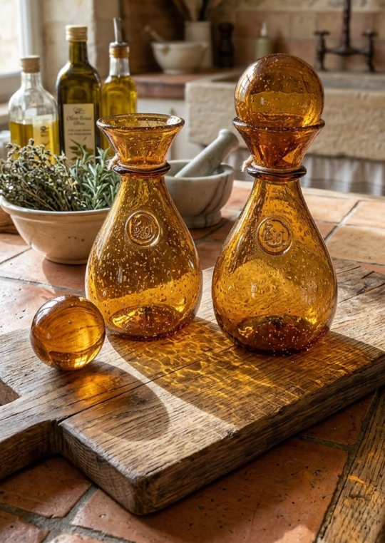 Carafe ancienne en verre bullé de Biot de couleur ambre avec bouchon sphérique.