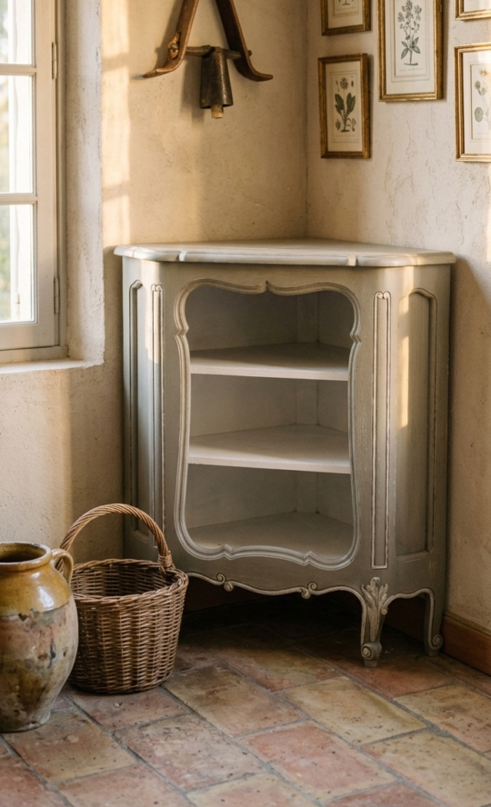 encoignure Louis XV en bois peint gris perle dans l'angle d'une pièce provençale. Le meuble possède un intérieur blanc lumineux et trois étagères nues. À gauche, une fenêtre laisse entrer la lumière dorée du soir sur des murs à la chaux et un sol en tommettes anciennes. Un panier en osier et une jarre en terre cuite sont posés au sol.