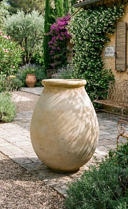 Véritable jarre de Biot ancienne en terre cuite avec col vernissé jaune, exposée dans un jardin méditerranéen à Roquefort-les-Pins.